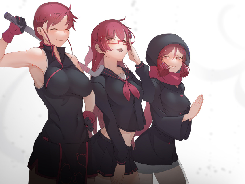 absurdres adjusting_eyewear at2. black_serafuku braid breasts china_dress chinese_clothes dress glasses highres hood kemurikusa large_breasts long_hair looking_at_viewer redhead riku_(kemurikusa) ryou_(kemurikusa) ryouku_(kemurikusa) scarf school_uniform serafuku siblings single_braid sisters