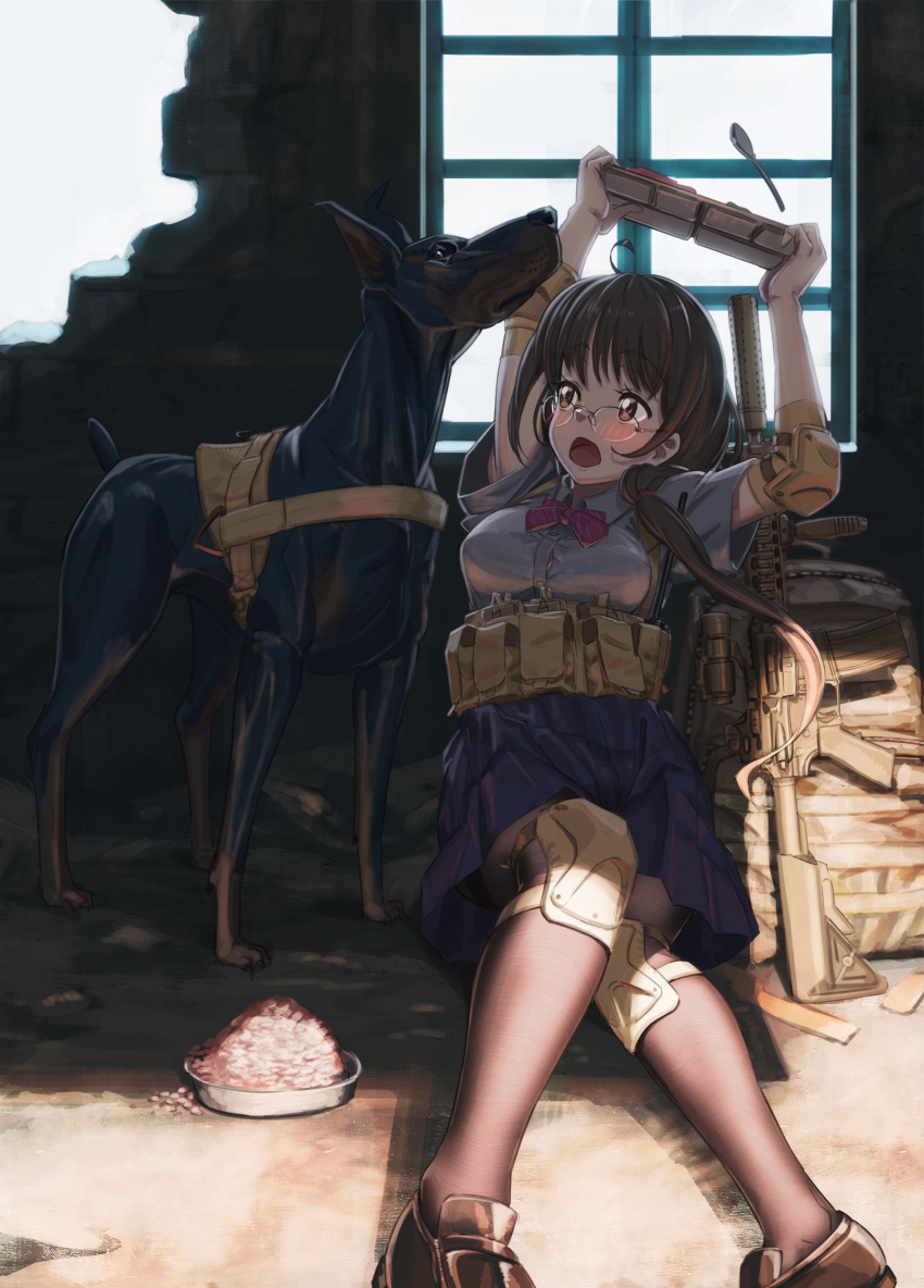 1girl assault_rifle backpack backpack_removed bag blush bowl brown_eyes brown_hair commentary dog dog_food elbow_pads food foregrip glasses great_dane gun highres hironii_(hirofactory) keep-away knee_pads load_bearing_equipment loafers m4_carbine original pantyhose pet_bowl rifle school_uniform scope shoes sitting solo spoon suppressor weapon window