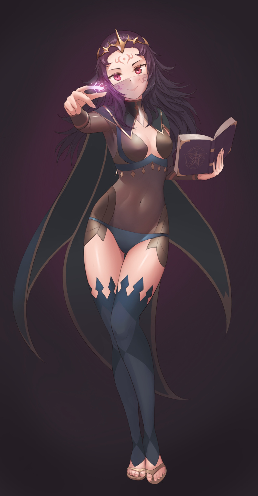 1girl absurdres awan97 black_hair blue_legwear bodystocking book breasts cape casting_spell cleavage covered_navel facial_mark fire_emblem fire_emblem_if forehead_mark highres holding holding_book long_hair looking_at_viewer messy_hair nintendo nyx_(fire_emblem_if) red_eyes sandals small_breasts smile solo tiara veil very_long_hair