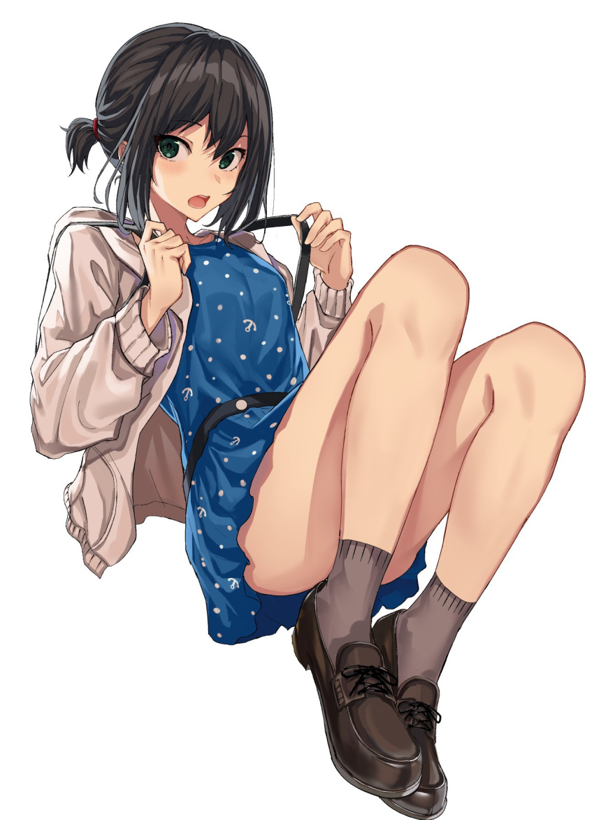 1girl anchor_print backpack bag bangs bare_legs belt black_hair blue_dress blush brown_footwear convenient_leg dress fubuki_(kantai_collection) full_body green_eyes grey_jacket grey_legwear hair_tie highres jacket kantai_collection loafers long_sleeves looking_at_viewer open_clothes open_jacket open_mouth oweee polka_dot polka_dot_dress shoes short_hair short_ponytail sidelocks simple_background socks solo white_background