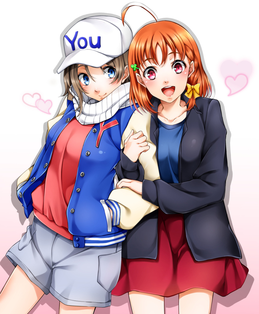 2girls :d ahoge baseball_cap black_jacket blue_cardigan blue_eyes blue_shirt bow brown_hair cardigan character_name clover_hair_ornament collarbone cowboy_shot grey_shorts hair_bow hair_ornament hands_in_pocket hat heart highres imo_(evekelu-111) jacket locked_arms long_sleeves looking_at_viewer love_live! love_live!_sunshine!! miniskirt multiple_girls open_cardigan open_clothes open_jacket open_mouth red_eyes red_skirt red_sweater scarf shirt short_hair short_shorts shorts simple_background skirt smile standing striped striped_scarf sweater takami_chika watanabe_you white_background white_headwear white_scarf yellow_bow