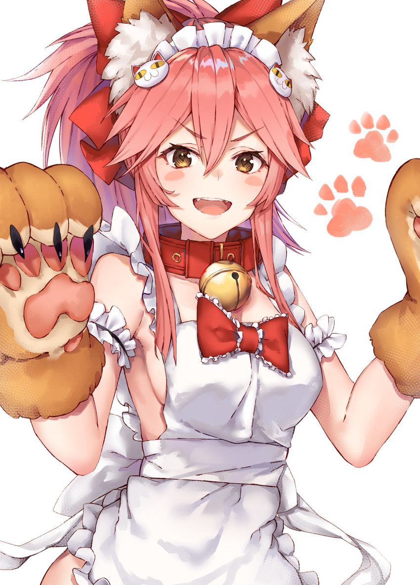 1girl :d absurdres animal_ear_fluff animal_ears apron bangs bare_shoulders bell bell_collar black_cola blush_stickers bow breasts brown_gloves brown_hair cat_hair_ornament collar commentary_request eyebrows_visible_through_hair fang fate/grand_order fate_(series) fox_ears gloves hair_between_eyes hair_bow hair_ornament heart heart-shaped_pupils high_ponytail highres jingle_bell long_hair looking_at_viewer maid_headdress medium_breasts naked_apron open_mouth paw_gloves paws pink_hair ponytail red_bow red_collar sideboob sidelocks simple_background smile solo symbol-shaped_pupils tamamo_(fate)_(all) tamamo_cat_(fate) white_apron white_background
