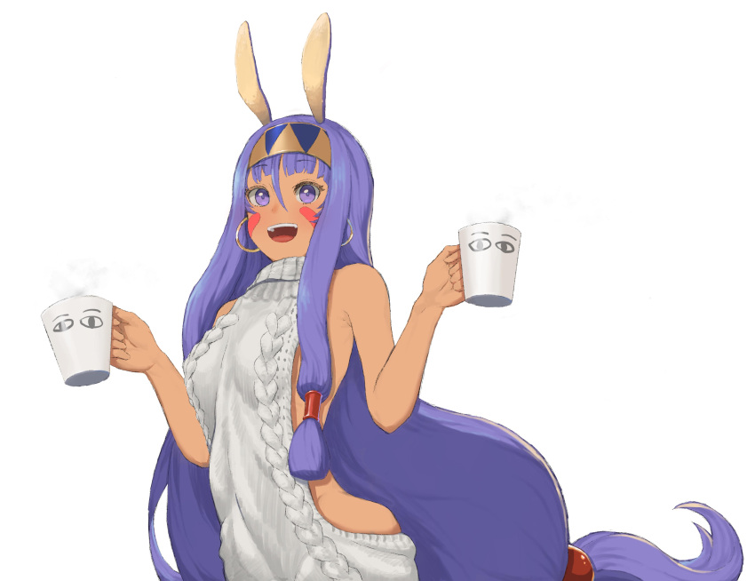 1girl :d absurdres animal_ears bare_shoulders black_hair breasts cup dark_skin earrings eyebrows_visible_through_hair facial_mark fate/grand_order fate_(series) hair_between_eyes hairband highres jackal_ears jewelry long_hair looking_at_viewer low_ponytail medium_breasts meme_attire nitocris_(fate/grand_order) no_bra open_mouth purple_hair rerere simple_background smile solo steam teeth very_long_hair violet_eyes virgin_killer_sweater white_background