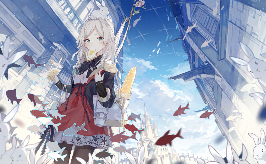 1girl animal animal_on_head asuka_(louyun) bag blue_sky bow bow_(weapon) bread bubble_tea building clouds dress fish food food_in_mouth green_eyes grey_hair hair_ornament hairclip long_hair mouth_hold off_shoulder on_head original rabbit shoulder_bag sky toast toast_in_mouth weapon