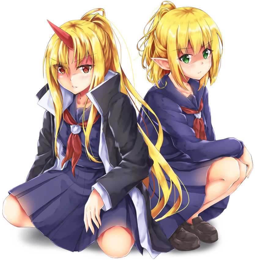 2girls absurdres akiteru98 alternate_costume bangs black_coat black_footwear blonde_hair blue_sailor_collar blue_serafuku blue_skirt blush coat collarbone commentary_request contemporary eyebrows_visible_through_hair green_eyes half_updo high_collar highres hoshiguma_yuugi loafers long_hair long_ponytail long_sleeves looking_at_viewer miniskirt mizuhashi_parsee multiple_girls neckerchief open_clothes open_coat parted_lips pleated_skirt pointy_ears ponytail red_eyes red_neckwear sailor_collar school_uniform seiza serafuku shadow shoes short_hair sidelocks simple_background sitting skirt squatting touhou v-shaped_eyebrows very_long_hair white_background