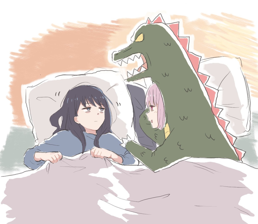 2girls animal_costume bags_under_eyes bed black_eyes black_hair commentary english_commentary highres kaijuu lavender_hair long_hair looking_at_another lyy multiple_girls pillow shinjou_akane short_hair sketch sleepy ssss.gridman takarada_rikka under_covers waking_up