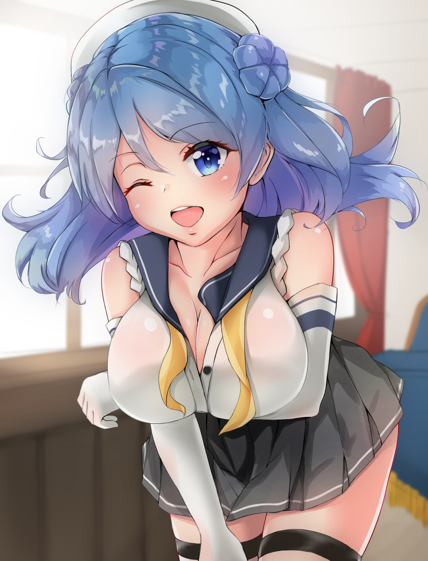 1girl aono_(f_i_s) beret blue_eyes blue_hair breasts cleavage double_bun elbow_gloves eyebrows_visible_through_hair gloves hair_ornament hat highres kantai_collection large_breasts neckerchief one_eye_closed pleated_skirt sailor_hat school_uniform serafuku skirt sleeves_rolled_up solo urakaze_(kantai_collection) white_gloves white_headwear window yellow_neckwear