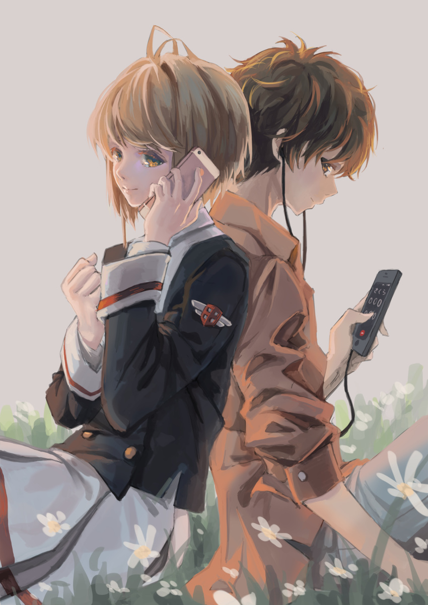 1boy 1girl absurdres antenna_hair back-to-back bangs brown_hair brown_shirt card_captor_sakura cellphone clenched_hand closed_mouth commentary_request earphones earphones grass grey_background highres holding holding_cellphone holding_phone kinomoto_sakura li_xiaolang long_sleeves making-of_available phone pleated_skirt school_uniform shirt short_hair simple_background sitting skirt smartphone smile tomoeda_middle_school_uniform white_skirt xiaobanbei_milk