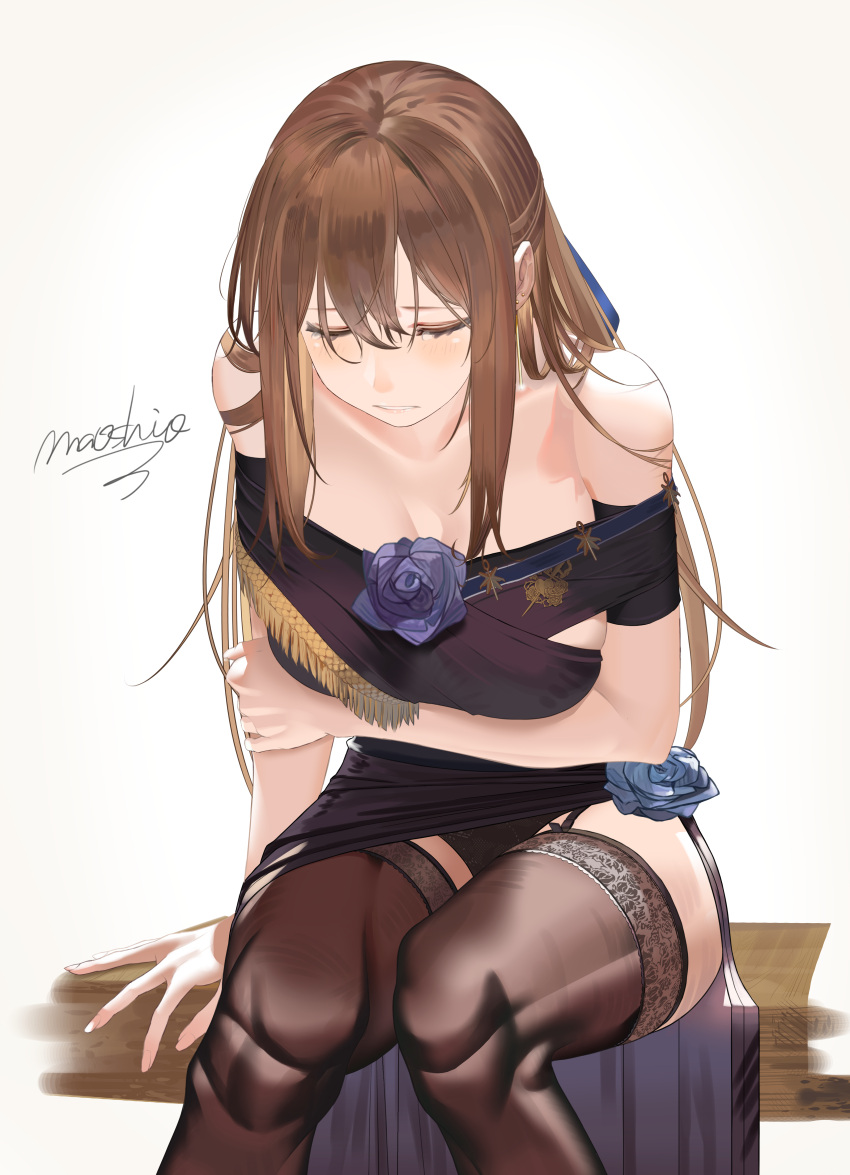 1girl absurdres arm_support arm_under_breasts bangs bare_shoulders black_panties blue_ribbon blush breasts brown_hair closed_eyes collarbone dress earrings facing_down flower garter_straps hair_between_eyes hair_ribbon highres holding_arm jewelry large_breasts leaning_forward lingerie long_hair looking_away maoushiori3 multiple_earrings off-shoulder_dress off_shoulder original panties parted_lips purple_dress purple_flower purple_rose ribbon rose sidelocks signature simple_background sitting skindentation solo stud_earrings tearing_up thigh-highs underwear unfastened very_long_hair