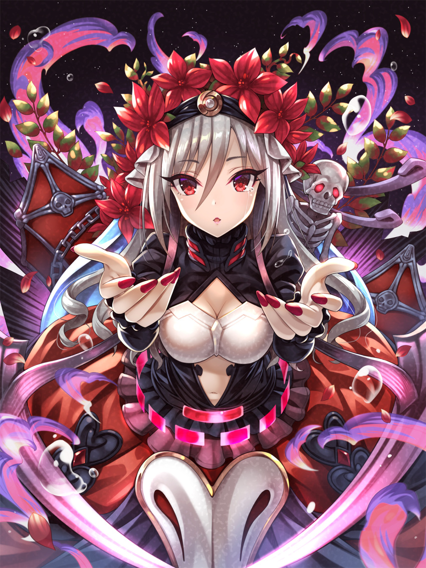 1girl breasts bubble cleavage commentary_request cosplay crying death_(granblue_fantasy) dress flower_wreath granblue_fantasy highres idolmaster idolmaster_cinderella_girls kanzaki_ranko medium_breasts medium_hair nail_polish navel open_mouth parted_lips petals red_eyes silver_hair skeleton skull solo space streaming_tears tears urabi_(tomatohouse)