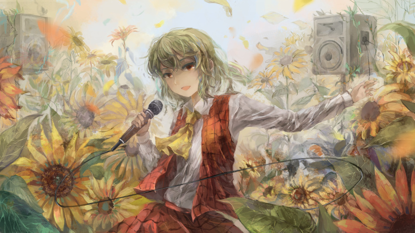 1girl ascot bangs blurry_foreground collared_shirt commentary_request day facing_viewer flower gu_hu hair_between_eyes highres holding holding_microphone kazami_yuuka long_sleeves looking_past_viewer medium_hair microphone music open_clothes open_hand open_vest outdoors outstretched_arm petals plaid plaid_skirt plaid_vest plant red_eyes red_skirt red_vest reflective_eyes shirt singing skirt skirt_set solo speaker sunflower touhou vest vines wavy_hair white_shirt wind yellow_neckwear