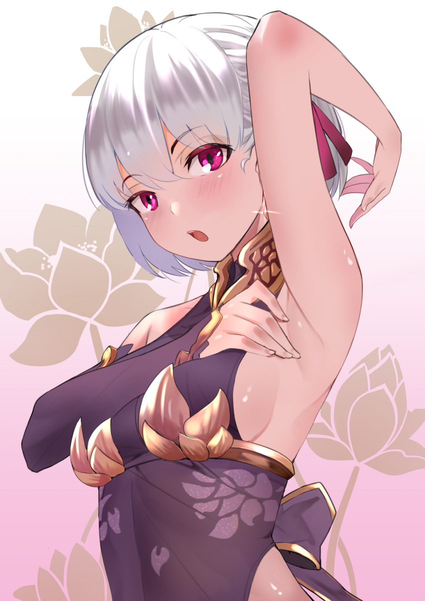 1girl :o arm_across_chest arm_up armpits back_bow bangs bare_shoulders blush bow breasts detached_sleeves eyebrows_visible_through_hair fate/grand_order fate_(series) floral_background glint gradient gradient_background hair_ribbon highres kama_(fate/grand_order) long_sleeves looking_at_viewer nonh_(wormoftank) pink_background pink_eyes pink_ribbon purple_bow ribbon short_hair sideboob silver_hair small_breasts solo underbust upper_body