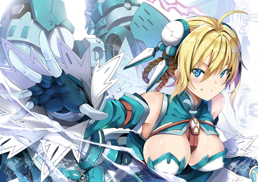 1girl absurdres ahoge armor blonde_hair blue_eyes braid breasts closed_mouth gloves highres jie_laite large_breasts looking_at_viewer mecha_musume original outstretched_hand shiny shiny_skin short_hair smile solo upper_body