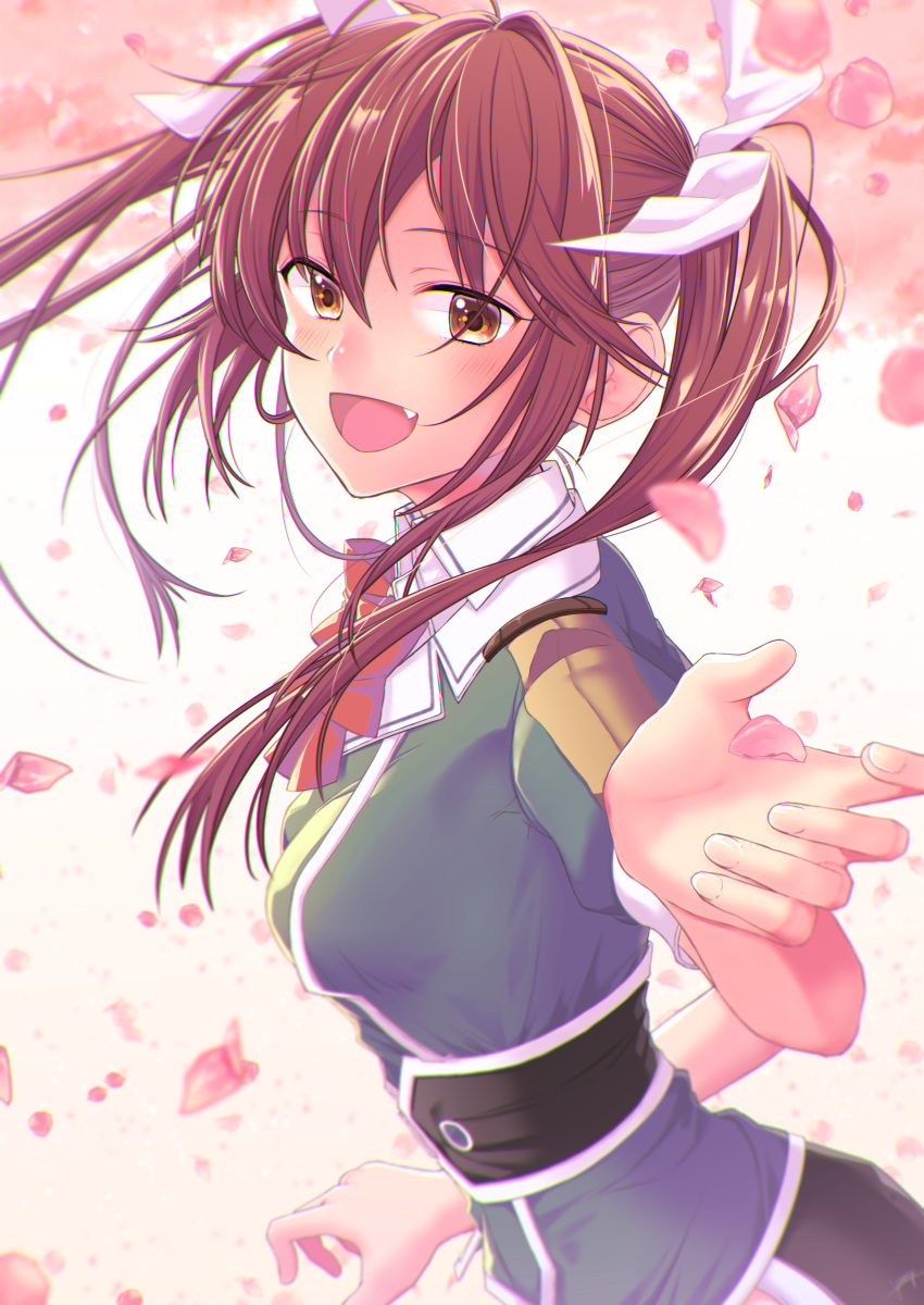1girl :d absurdres bangs blush breasts brown_eyes brown_hair cherry_blossoms collared_shirt dress elbow_gloves fang floating_hair gloves green_jacket hair_between_eyes hair_ribbon hand_up highres jacket kantai_collection long_hair looking_at_viewer medium_breasts open_mouth pelvic_curtain petals remodel_(kantai_collection) ribbon shirt short_dress sidelocks single_elbow_glove smile solo tone_(kantai_collection) twintails upper_body white_ribbon white_shirt wind yami_(m31)