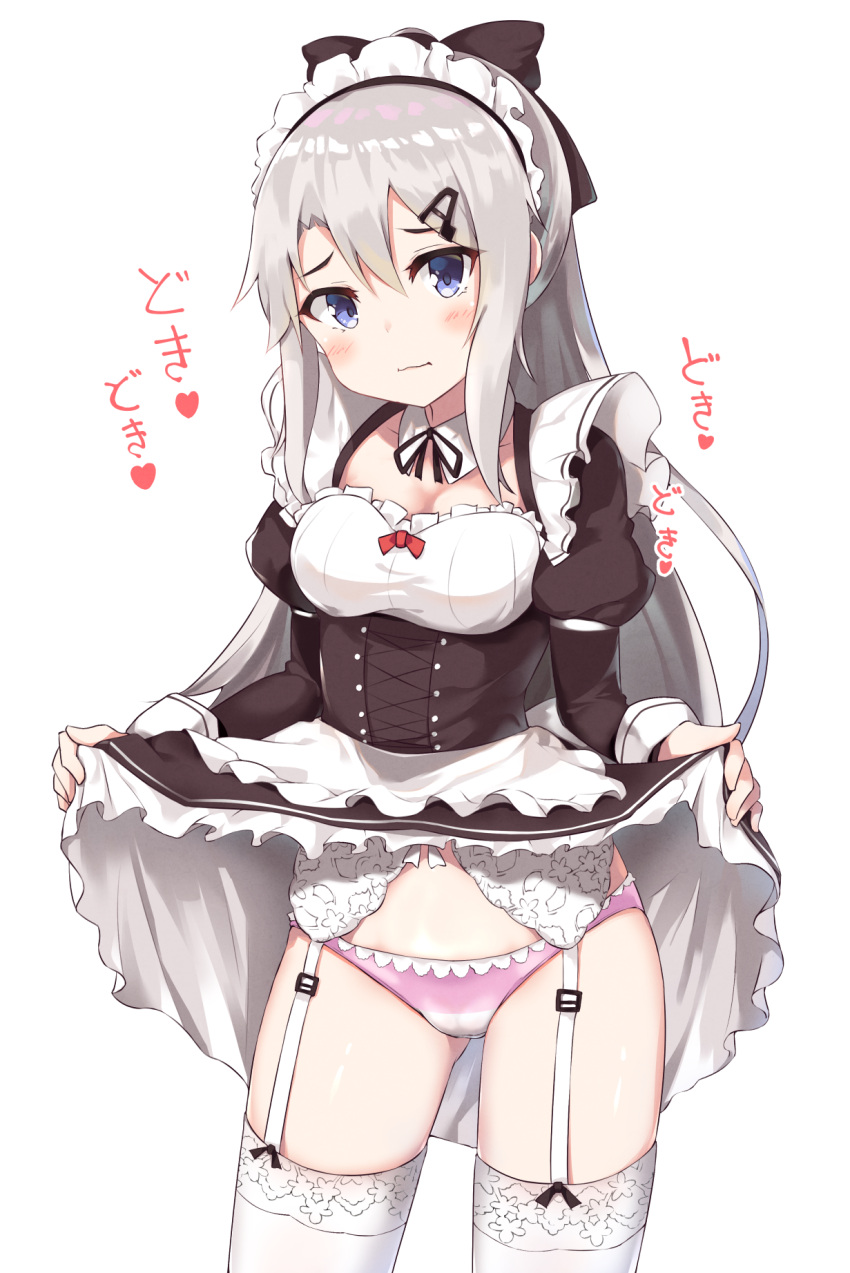 1girl 9a-91_(girls_frontline) alternate_costume apron black_bow blue_eyes bow breasts bushinofuji closed_mouth cowboy_shot dress garter_belt girls_frontline hair_between_eyes hair_bow hair_ornament hairclip highres juliet_sleeves lifted_by_self long_hair long_sleeves looking_at_viewer maid maid_headdress medium_breasts panties puffy_sleeves sidelocks silver_hair simple_background solo thigh-highs underwear waist_apron white_background white_legwear