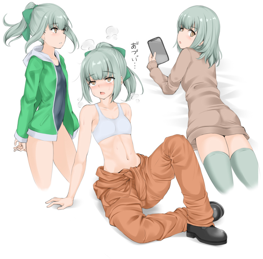 1girl alternate_costume bangs black_footwear blush bow brown_eyes cellphone collarbone commentary covered_navel eyebrows_visible_through_hair green_bow green_hair hair_bow hair_down highres holding holding_cellphone holding_phone kantai_collection long_sleeves midriff multiple_views navel nn_tasu one-piece_swimsuit open_mouth orange_jumpsuit parted_lips phone ponytail smartphone sweat swimsuit tank_top thigh-highs white_background yuubari_(kantai_collection)