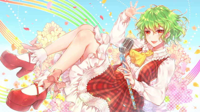 1girl adapted_costume alternate_eye_color ankle_bow ankle_ribbon aqua_background ascot bangs bobby_socks bow breasts collared_shirt commentary_request floating flower frilled_shirt_collar frills gradient gradient_eyes green_hair hair_between_eyes hand_up holding_microphone_stand jun2onod kazami_yuuka knees large_breasts light_particles long_sleeves microphone multicolored multicolored_eyes music open_clothes open_hand open_vest petals petticoat pink_bow plaid plaid_skirt plaid_vest platform_footwear pumps rainbow_order red_eyes red_footwear red_skirt red_vest reflective_eyes ribbon shiny shiny_clothes shiny_hair shirt short_hair sidelocks singing skirt skirt_set socks solo sparkle touhou vest waving wavy_hair white_background white_legwear yellow_eyes