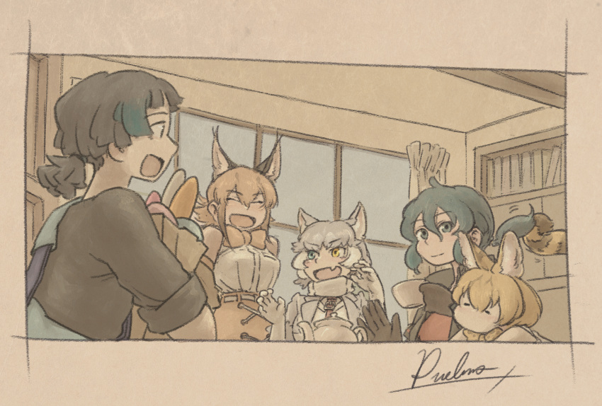 5girls :d animal_ear_fluff animal_ears artist_name bag black_gloves black_hair blonde_hair blue_eyes bow bowtie caracal_(kemono_friends) caracal_ears commentary cup curtains dog_(mixed_breed)_(kemono_friends) dog_ears english_commentary extra_ears eyebrows_visible_through_hair fang gloves grey_hair grocery_bag heterochromia highres indoors kaban_(kemono_friends) kemono_friends kyururu_(kemono_friends) looking_at_another multiple_girls open_mouth pueblo serval_(kemono_friends) serval_ears serval_tail shopping_bag short_hair short_ponytail shoulder_bag signature smile tail teapot window yellow_eyes |d