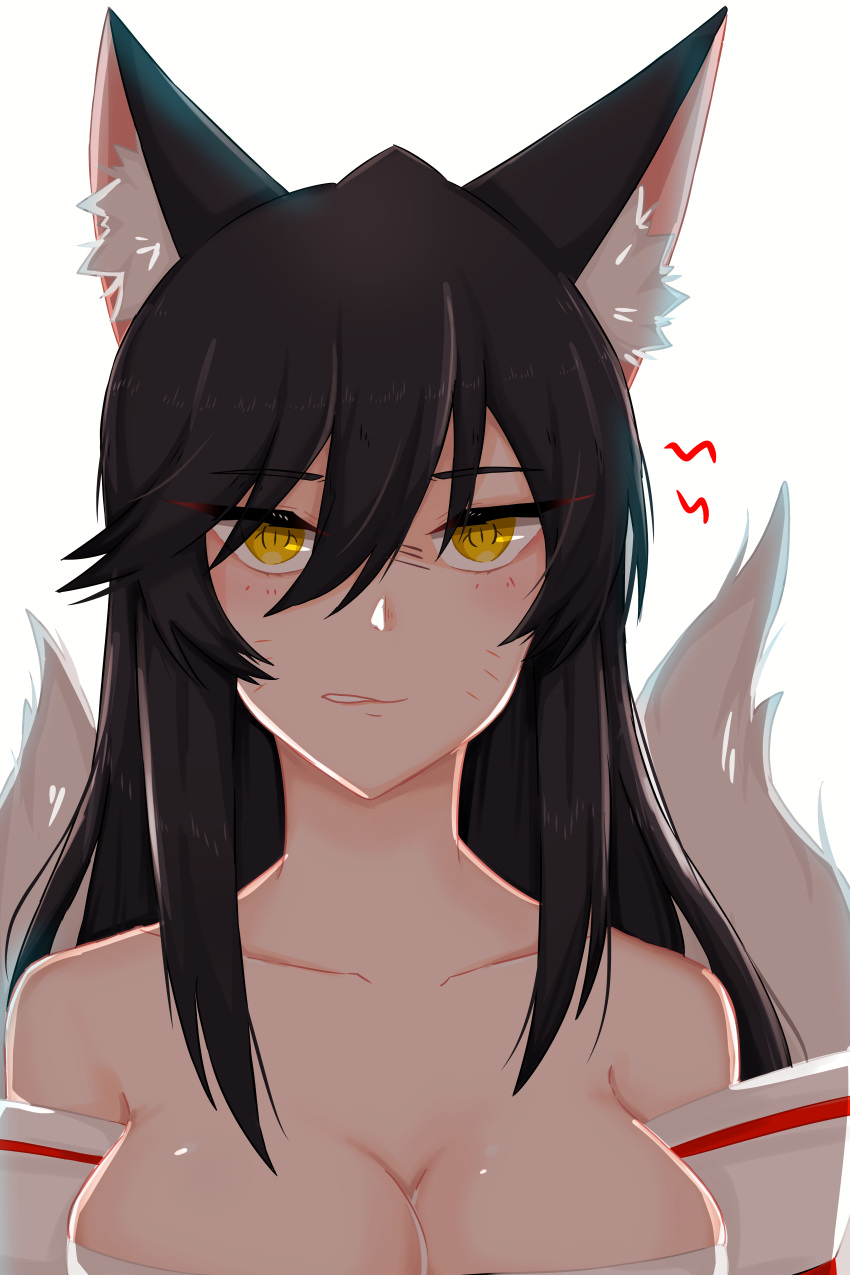 1girl absurdres ahri animal_ears bare_shoulders black_hair breasts cleavage collarbone detached_sleeves eyebrows_visible_through_hair facial_mark fox_ears fox_girl fox_tail highres korean_clothes large_breasts league_of_legends long_hair looking_at_viewer multiple_tails simple_background slit_pupils solo tail whisker_markings white_background yellow_eyes