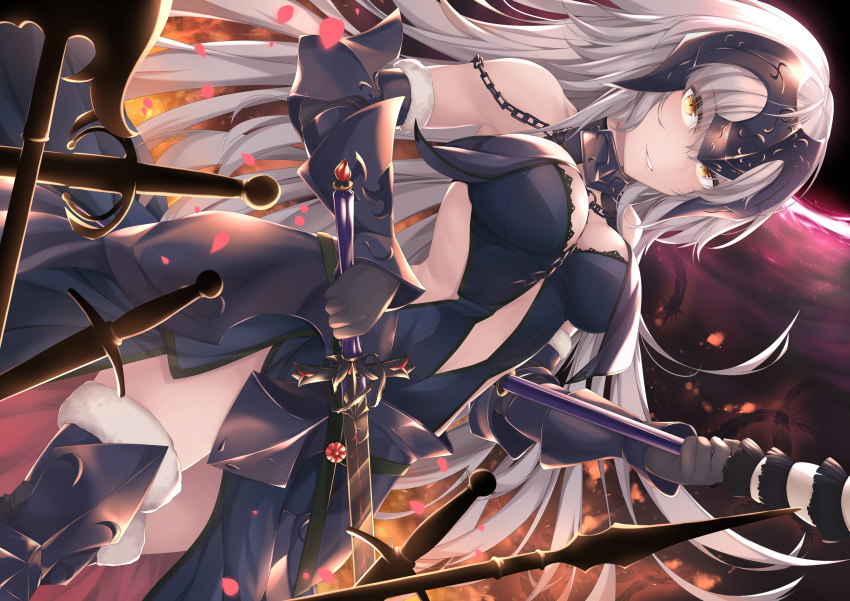 1girl absurdres ahoge armor armored_dress bangs bare_shoulders black_armor black_dress black_gloves boots breasts chains dress elbow_gloves fate/grand_order fate_(series) fur_trim gauntlets gloves greaves hair_between_eyes headpiece highres jeanne_d'arc_(alter)_(fate) jeanne_d'arc_(fate)_(all) kana616 large_breasts long_hair looking_at_viewer polearm silver_hair solo sword thigh-highs thigh_boots thighs very_long_hair weapon yellow_eyes