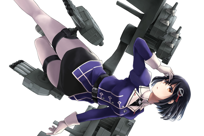 1girl belt black_hair black_neckwear black_skirt boots breasts brown_eyes cannon collared_shirt gloves grey_footwear haguro_(kantai_collection) hair_between_eyes hair_ornament hairclip highres jacket kantai_collection long_sleeves looking_at_viewer machinery medium_breasts military military_uniform necktie pantyhose purple_jacket remodel_(kantai_collection) rigging shirt short_hair simple_background skirt solo tomoyo_kai torpedo turret uniform upside-down white_background white_gloves white_legwear white_shirt