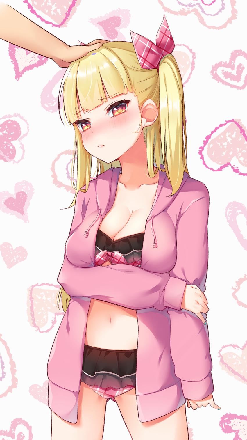 1girl absurdres arm_grab arm_under_breasts bangs bikini blonde_hair blue_nails blunt_bangs blush breasts cleavage closed_mouth collarbone fang frilled_bikini frills hand_on_another's_head heart heart-shaped_pupils highres large_breasts long_hair long_sleeves nail_polish navel neginoki nose_blush petting pink_bikini pink_hoodie plaid plaid_bikini red_eyes sleeves_past_wrists solo_focus swimsuit symbol-shaped_pupils tokyo_7th_sisters two_side_up uesugi_u_kyouko