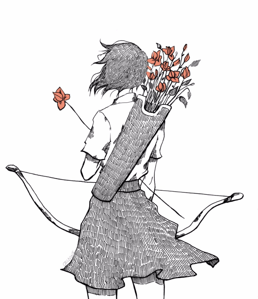 1girl black_hair black_skirt bow_(weapon) ceruleanwax cowboy_shot flower highres holding holding_bow_(weapon) holding_weapon leaf original quiver red_flower shirt shirt_tucked_in short_hair short_sleeves signature simple_background skirt solo spot_color weapon white_background white_shirt