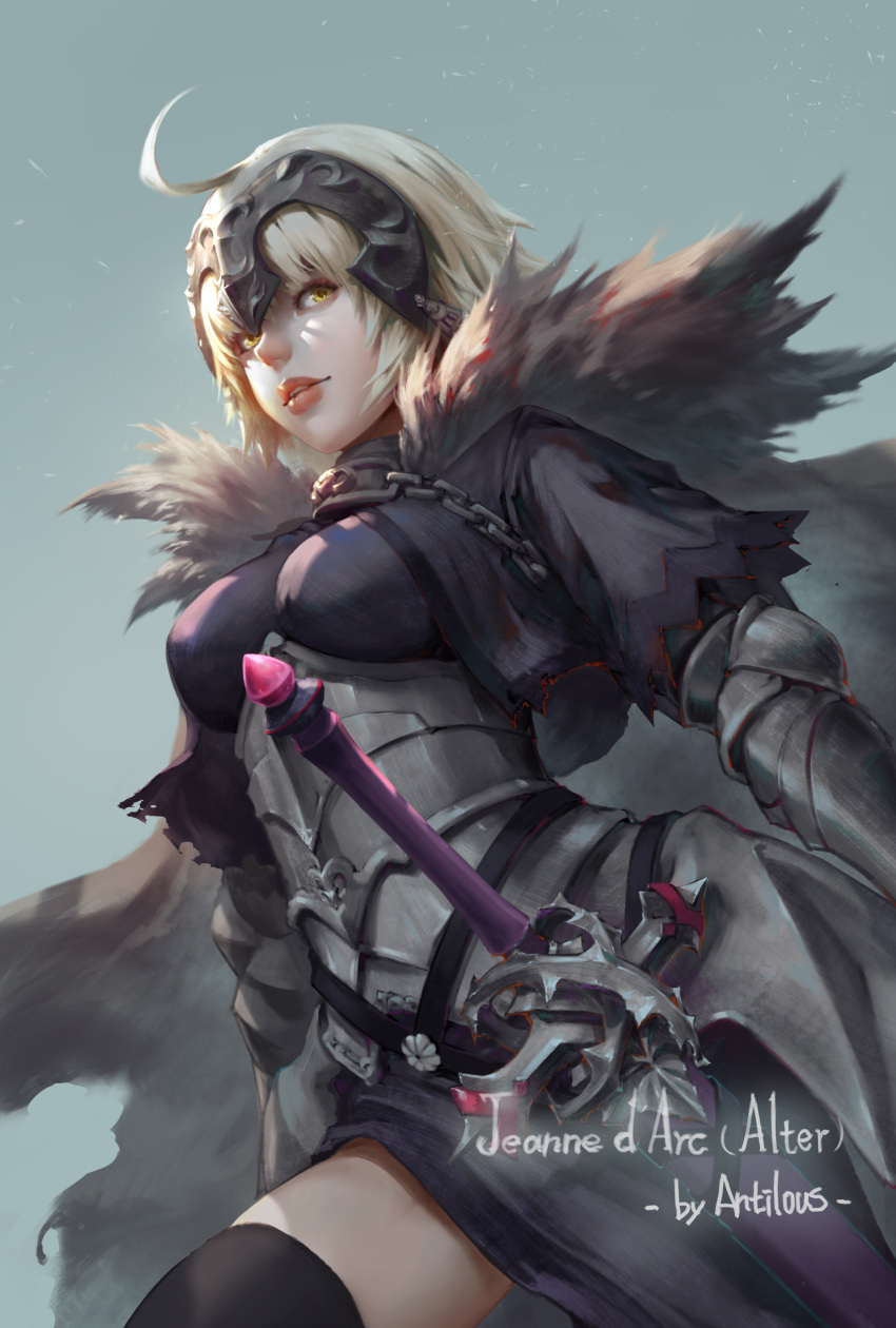 1girl absurdres ahoge antilous armor armored_dress artist_name black_legwear blonde_hair breasts cape character_name commentary_request fate/grand_order fate_(series) fur-trimmed_cape fur_trim gauntlets headpiece highres jeanne_d'arc_(alter)_(fate) jeanne_d'arc_(fate)_(all) lips looking_up nose parted_lips sheath sheathed short_hair sidelighting simple_background solo sword thigh-highs weapon yellow_eyes