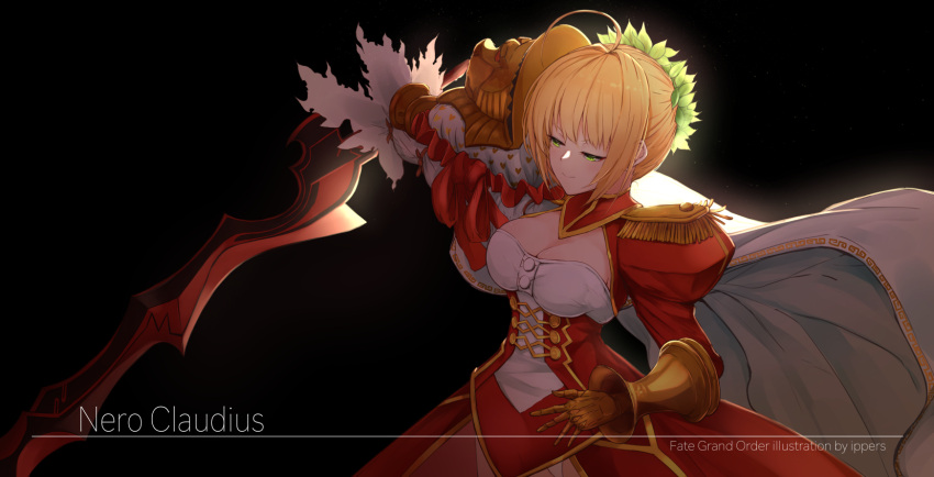1girl ahoge artist_name bangs black_background blonde_hair breasts character_name cleavage commentary_request copyright_name dark_background dress fate/grand_order fate_(series) gauntlets green_eyes highres holding holding_sword holding_weapon ippers large_breasts nero_claudius_(fate) nero_claudius_(fate)_(all) puffy_sleeves red_dress short_hair simple_background smile solo sword weapon