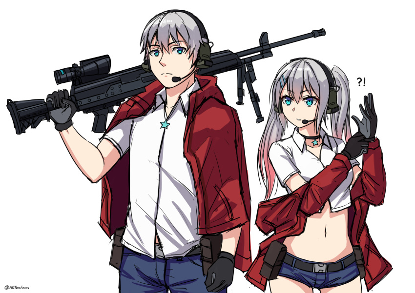 !? 1boy 1girl bangs belt black_belt black_choker black_gloves blue_eyes blue_pants blue_shorts choker closed_mouth collarbone collared_shirt commentary_request crop_top dress_shirt ear_protection eyebrows_visible_through_hair genderswap genderswap_(ftm) general_dynamics_lwmmg girls_frontline gloves gradient_hair grey_hair gun hair_between_eyes hair_ornament hairclip headset highres holding holding_gun holding_weapon jacket long_hair long_sleeves lwmmg_(girls_frontline) midriff multicolored_hair navel ndtwofives object_namesake open_clothes open_jacket over_shoulder pants parted_lips pink_hair red_jacket rifle scope shirt short_shorts short_sleeves shorts simple_background star twintails very_long_hair weapon white_background white_shirt