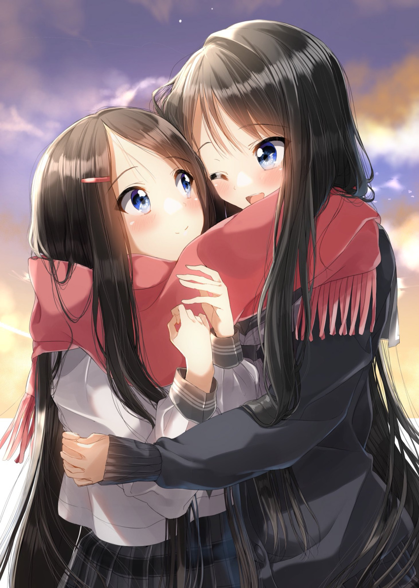 2girls ;) ;d black_cardigan black_hair blue_eyes blush closed_mouth clouds cloudy_sky commentary_request cowboy_shot day eye_contact eyebrows_visible_through_hair fringe_trim grey_skirt hair_ornament hairclip highres hug long_hair long_sleeves looking_at_another multiple_girls one_eye_closed open_mouth original outdoors pentagon_(railgun_ky1206) plaid plaid_skirt pleated_skirt red_scarf scarf school_uniform shared_scarf shirt skirt sky smile tareme very_long_hair white_shirt yuri