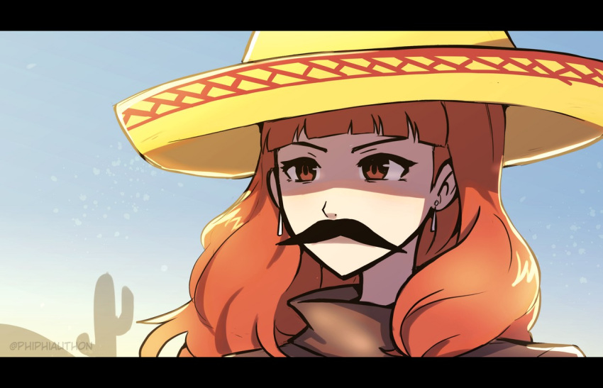 1girl cactus celica_(fire_emblem) deviantart earrings fake_facial_hair fake_mustache fire_emblem fire_emblem_echoes:_mou_hitori_no_eiyuuou fire_emblem_echoes:_shadows_of_valentia fire_emblem_gaiden hat intelligent_systems jewelry letterboxed looking_to_the_side mexican_clothes mexico nintendo orange_eyes orange_hair parody phiphi-au-thon solo sombrero super_smash_bros.