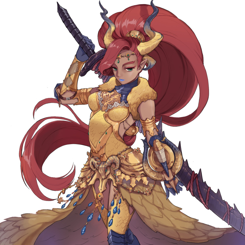 1girl absurdres armor armored_dress backless_outfit blue_lipstick bracer breastplate breasts buckler circlet commentary_request cosplay cross dark_skin dragon_horns dress elbow_pads eyeshadow feather_boa forehead_jewel gem gerudo gold_trim gorget greaves green_eyes hair_over_one_eye hair_pulled_back high_ponytail highres hijiri_haku_osame horns huge_weapon kulve_taroth_(armor) lipstick long_dress long_hair makeup medium_breasts monster_hunter monster_hunter:_world nintendo nose over_shoulder pointy_ears redhead scale_armor shield solo sword sword_over_shoulder the_legend_of_zelda the_legend_of_zelda:_breath_of_the_wild thick_eyebrows thigh-highs urbosa very_long_hair weapon weapon_over_shoulder