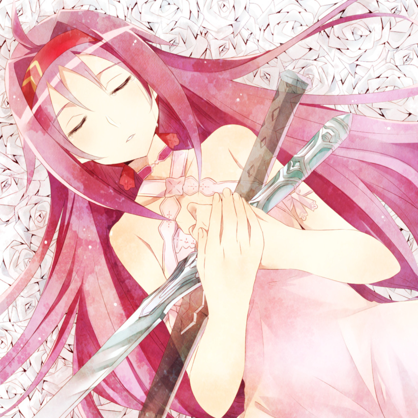 1girl ahoge breasts closed_eyes collarbone dress flower from_above getsuyoubi hair_intakes hairband halterneck highres holding holding_sword holding_weapon long_hair lying on_back parted_lips purple_hair red_hairband red_ribbon ribbon rose sleeveless sleeveless_dress small_breasts solo sword sword_art_online tears upper_body very_long_hair weapon white_dress white_flower white_rose yuuki_(sao)
