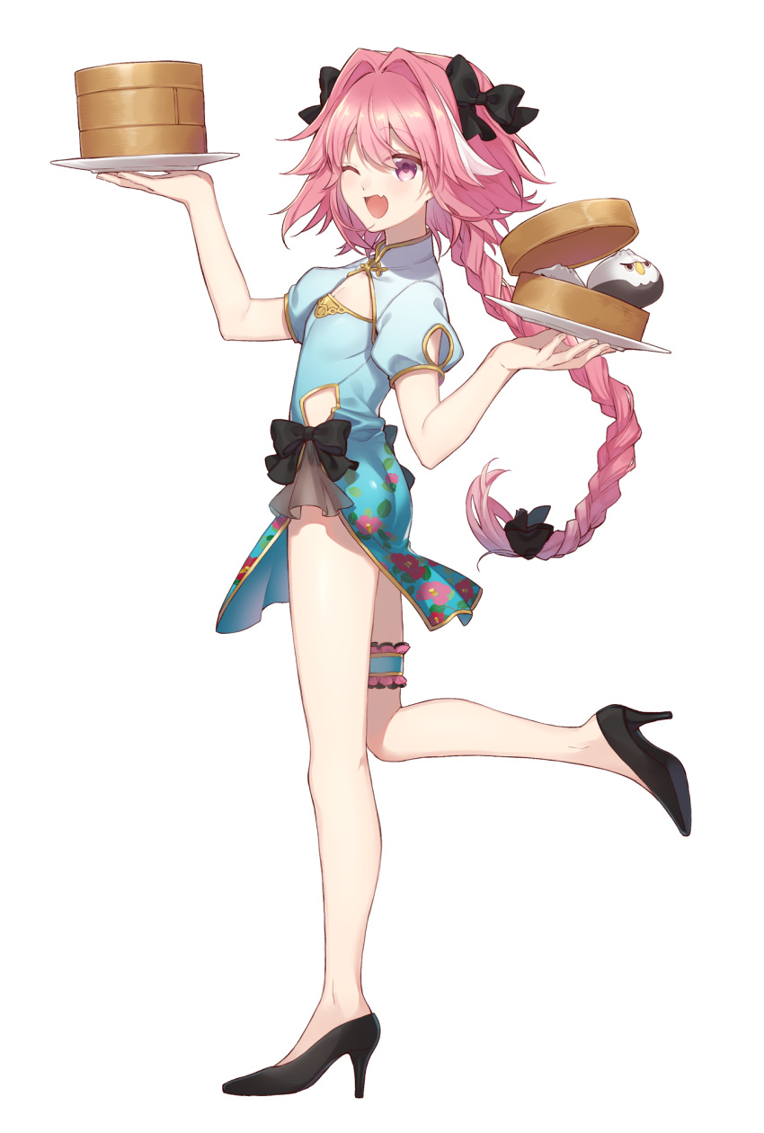 1boy ass astolfo_(fate) baozi braid china_dress chinese_clothes citron_82 commentary_request dress fang fate/apocrypha fate_(series) food hair_ribbon high_heels highres long_hair one_eye_closed pink_hair ribbon side_slit solo standing standing_on_one_leg trap very_long_hair