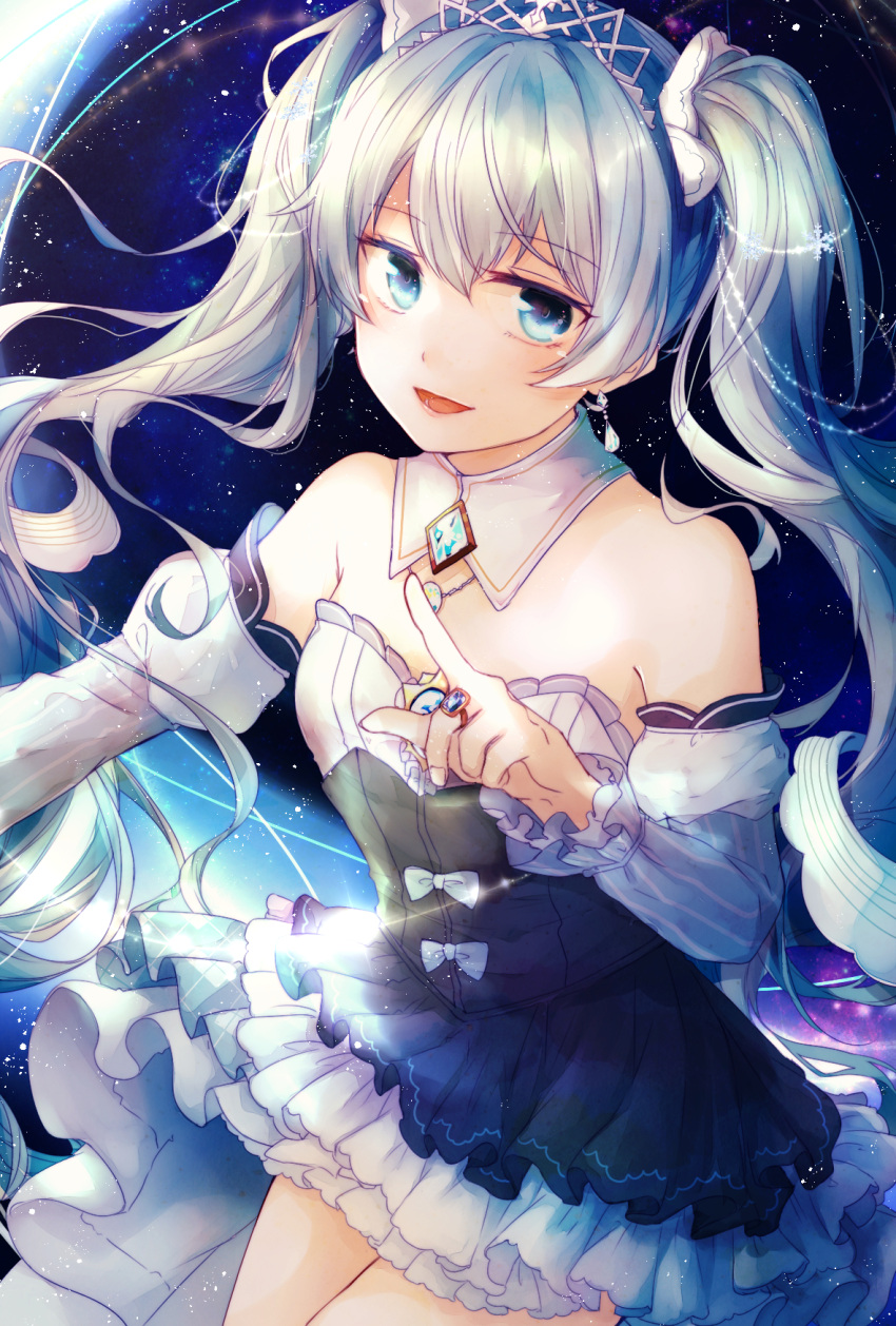 1girl :d aiha_(s1229aiha) blue_eyes bow breasts cowboy_shot detached_collar detached_sleeves diadem dress earrings floating_hair hair_ornament hatsune_miku highres index_finger_raised jewelry layered_dress long_hair long_sleeves looking_at_viewer necklace open_mouth ring short_dress silver_hair sleeveless sleeveless_dress small_breasts smile solo standing striped striped_dress striped_sleeves very_long_hair vocaloid white_bow