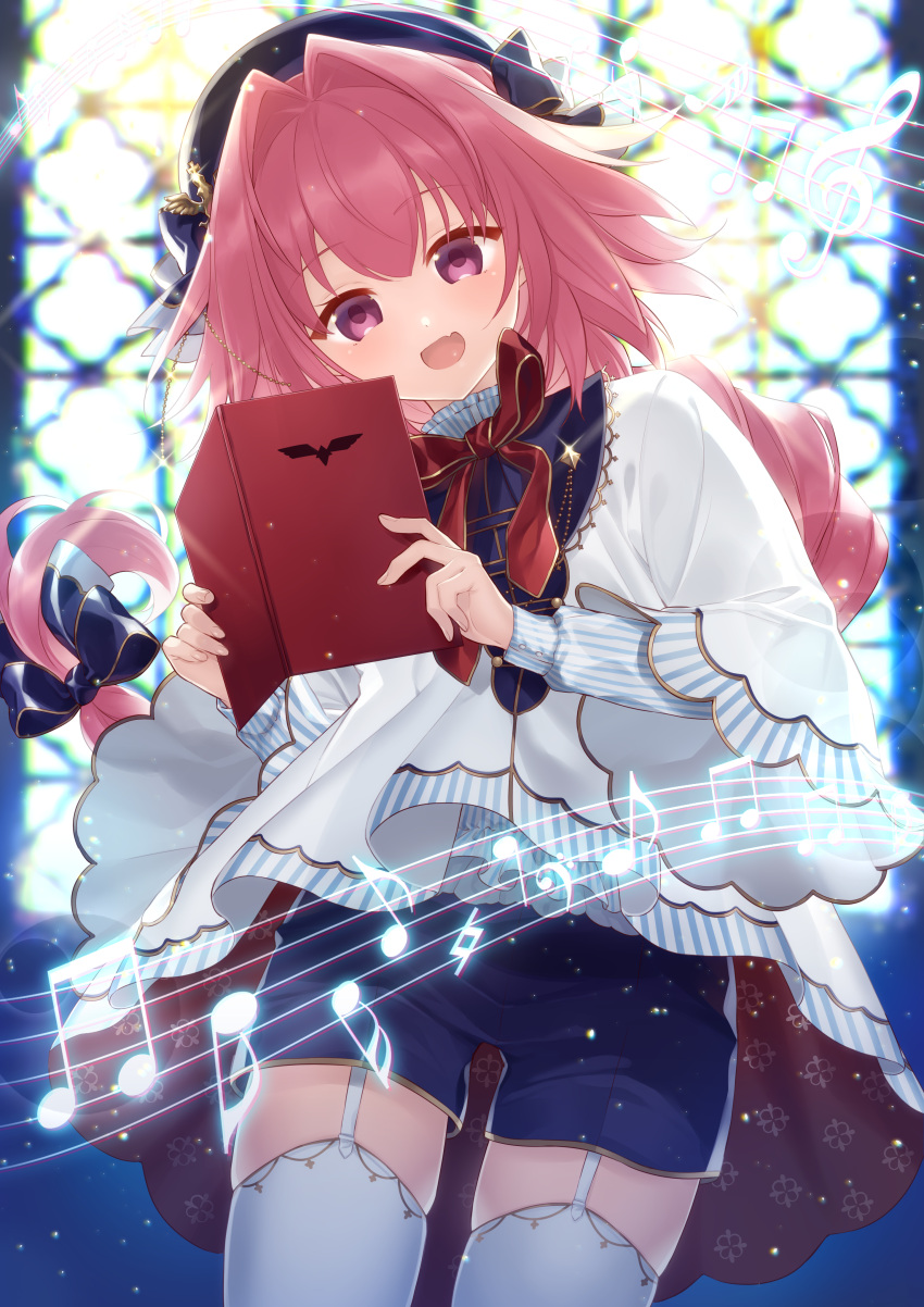 1boy absurdres alternate_costume astolfo_(fate) black_bow book bow braid capelet citron_82 fang fate/apocrypha fate_(series) garter_straps hair_intakes hair_ribbon hat highres holding holding_book long_braid long_sleeves looking_at_viewer multicolored_hair musical_note open_book open_mouth pink_hair red_ribbon ribbon shirt shorts single_braid skin_fang smile solo streaked_hair striped striped_shirt thigh-highs trap violet_eyes white_legwear wide_sleeves