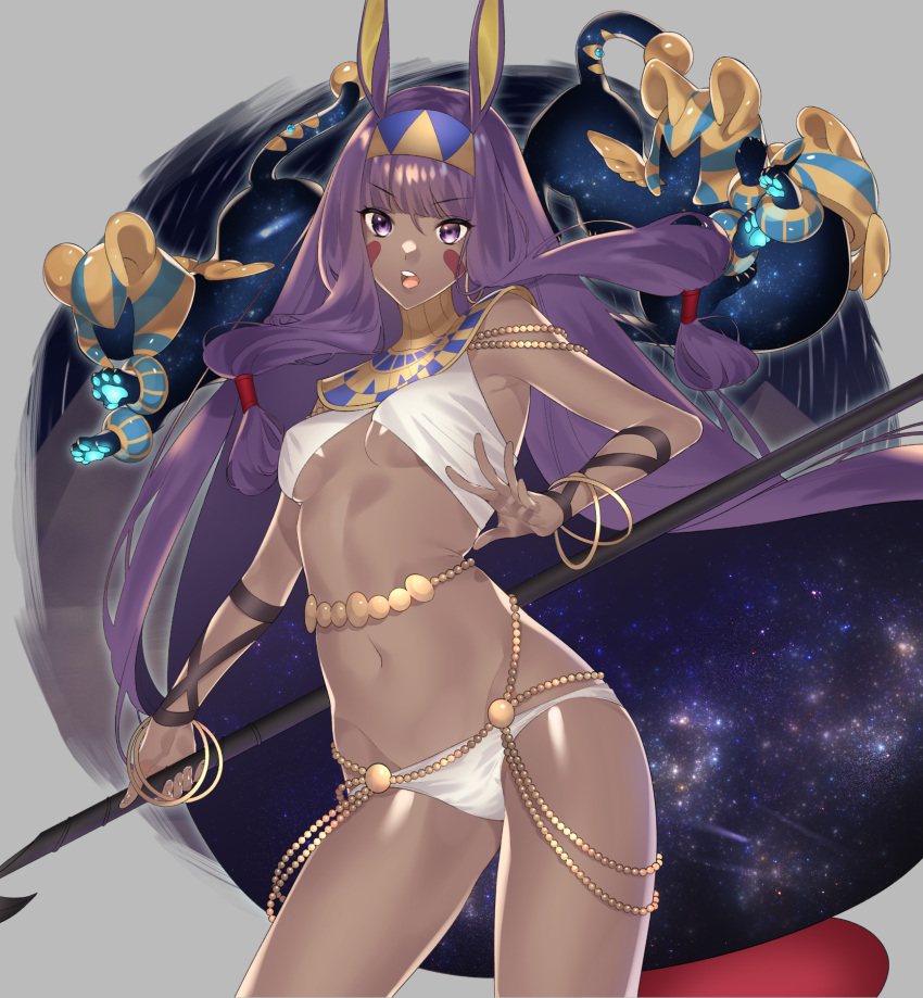 1girl animal_ears bangs bare_shoulders belly_chain blunt_bangs bracelet breasts chains dark_skin earrings egyptian_clothes facepaint facial_mark fate/grand_order fate_(series) hair_between_eyes hair_tubes hairband highres hip_focus hoop_earrings jackal_ears jewelry long_hair looking_at_viewer low-tied_long_hair medium_breasts navel nitocris_(fate/grand_order) open_mouth purple_hair sidelocks sino42 space staff star_(sky) swimsuit thighs usekh_collar very_long_hair violet_eyes white_swimsuit