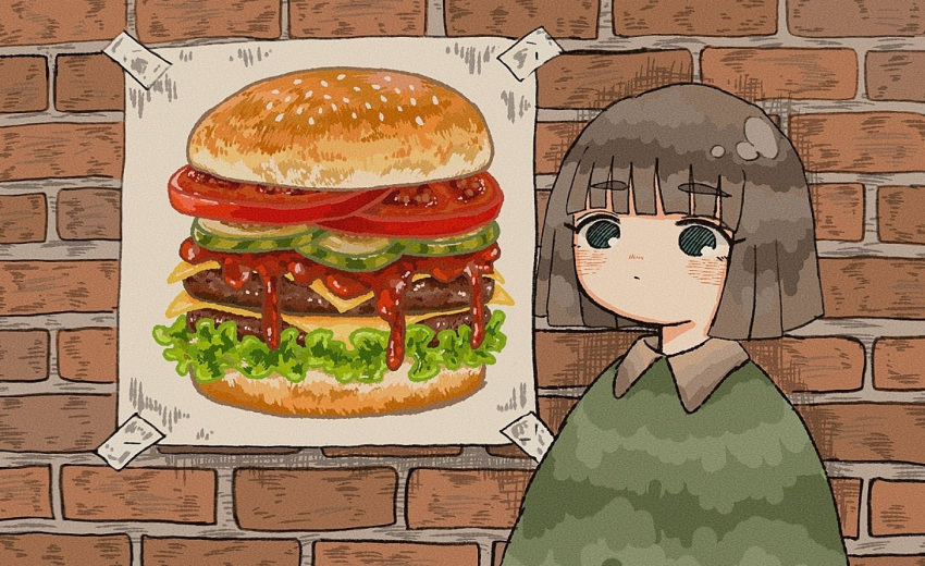 1girl aqua_eyes bangs blunt_bangs blush brick_wall brown_hair cheese collared_shirt expressionless eyebrows_visible_through_hair food green_shirt hamburger ketchup lettuce meat original sakura_szm shirt short_hair solo tomato upper_body