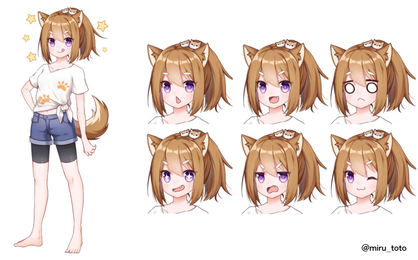 1girl :3 :p animal_ears barefoot bike_shorts blush brown_hair denim denim_shorts dog_ears dog_girl dog_tail expressions eyebrows_visible_through_hair full_body hakuari_(hina) highres midriff navel one_eye_closed original ponytail shirt shorts standing tachi-e tail tied_shirt tongue tongue_out twitter_username violet_eyes white_background