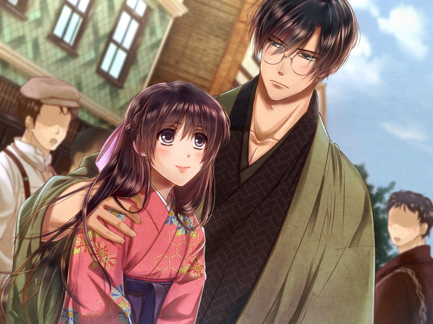 1girl 3boys arm_around_shoulder black_hair blurry blurry_background blush bow brown_eyes brown_hair building dating day faceless faceless_male glasses grey_headwear hair_bow hat hetero izumi_(stardustalone) japanese_clothes kimono long_hair looking_at_another multiple_boys original outdoors pink_kimono renri_no_chigiri_wo_kimi_to_shiru smile standing suspenders upper_body wide_sleeves