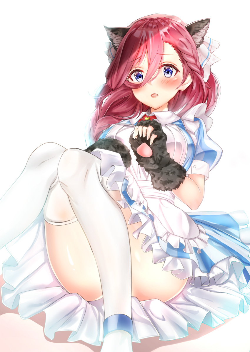 1girl absurdres animal_ears anklet bangs blue_dress blue_eyes blush braid breasts brown_hair cat_ears cat_paws commentary_request dress fingerless_gloves frilled_skirt frills gloves go-toubun_no_hanayome hair_between_eyes highres jewelry large_breasts long_hair looking_at_viewer maid maid_dress nakano_miku open_mouth paws red_neckwear redhead shirt skirt solo thigh-highs thighs toratora_(nanahaba)