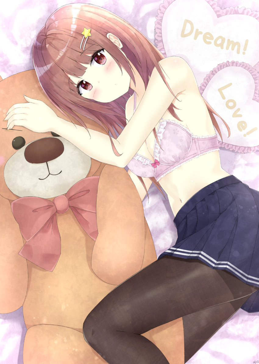 1girl 7_calpis_7 bangs bare_arms bare_shoulders bed_sheet blue_skirt blush bow bow_bra bra breasts brown_hair brown_legwear cleavage closed_mouth commentary_request english_text eyebrows_visible_through_hair frilled_pillow frills hair_ornament hairclip heart heart_pillow highres long_hair looking_at_viewer lying medium_breasts navel no_shoes on_side original panties pillow pink_bra pleated_skirt red_eyes skirt solo star star_hair_ornament stuffed_animal stuffed_toy teddy_bear underwear very_long_hair