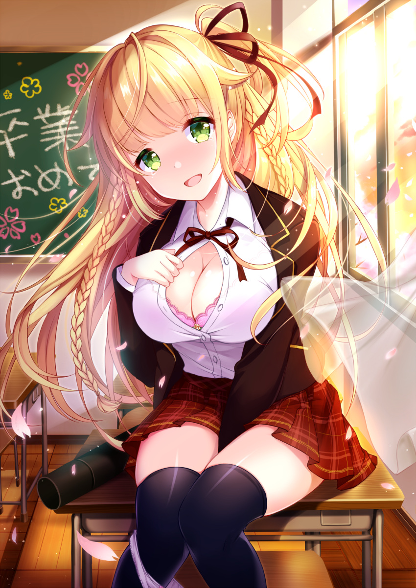 1girl :d between_legs black_jacket black_legwear black_ribbon blazer blonde_hair blush bra braid breasts chalkboard classroom cleavage collared_shirt curtains dress_shirt eyebrows_visible_through_hair green_eyes hair_ribbon hand_between_legs head_tilt highres indoors jacket koyama_sao large_breasts long_hair long_sleeves looking_at_viewer miniskirt neck_ribbon open_blazer open_clothes open_jacket open_mouth open_window original panties panties_around_leg petals pink_bra plaid plaid_skirt pleated_skirt red_skirt ribbon shiny shiny_clothes shiny_skin shirt side_ponytail sitting skirt smile solo sunlight thigh-highs transparent unbuttoned unbuttoned_shirt underwear very_long_hair white_panties white_shirt wind window wing_collar zettai_ryouiki