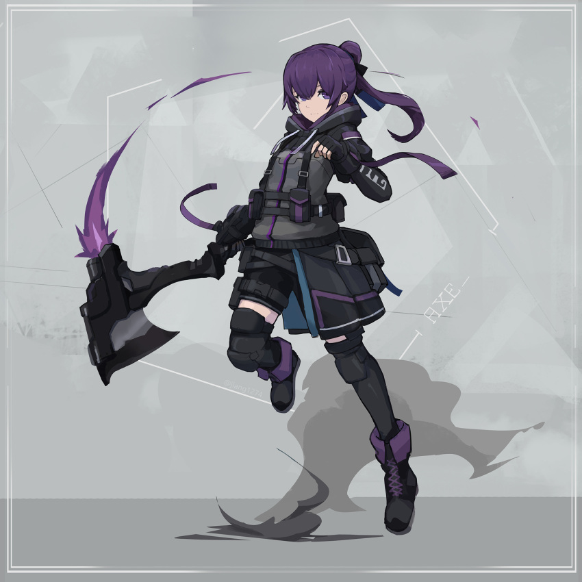1girl axe fingerless_gloves full_body gloves highres holding holding_weapon hood hoodie jiang1274 original ponytail purple_hair short_shorts shorts solo violet_eyes weapon
