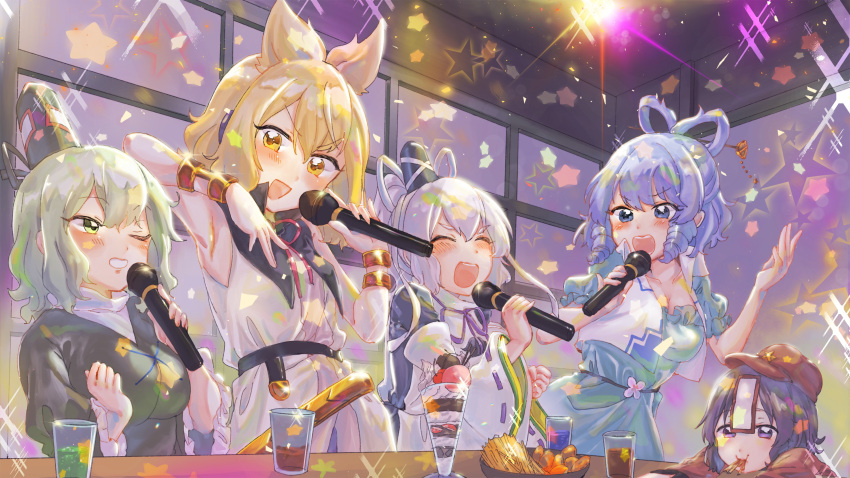 5girls absurdres food hat highres ice_cream kaku_seiga miyako_yoshika momo_(baso4) mononobe_no_futo multiple_girls music party singing soga_no_tojiko touhou toyosatomimi_no_miko