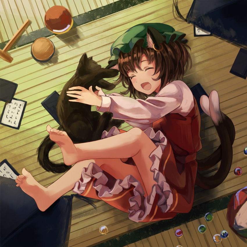 1girl animal_ears barefoot brown_hair cat cat_ears cat_tail chen chinese_clothes closed_eyes frilled_skirt frills green_headwear hat highres indoors jewelry long_sleeves lying mob_cap multiple_tails nekomata on_back open_mouth red_skirt red_vest sero3eta shirt single_earring skirt tail touhou two_tails vest white_shirt