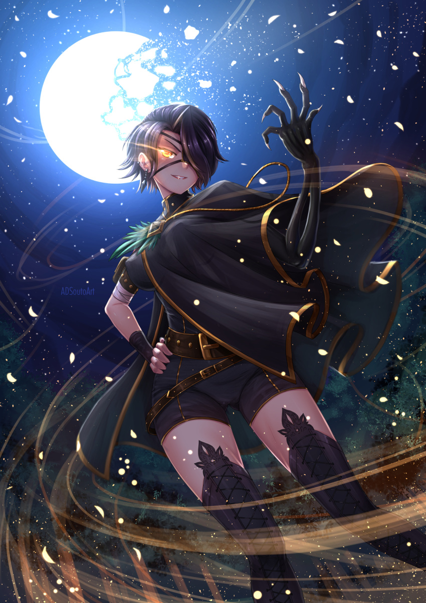 1girl adsouto black_hair blush breasts broken broken_moon cinder_fall claws commentary dress english_commentary evil_smile eyepatch glowing glowing_eye hair_over_one_eye hand_on_hip high_heels highres large_breasts looking_at_viewer medium_breasts moon moonlight night rwby scar short_hair smile solo star_(sky) very_short_hair yellow_eyes