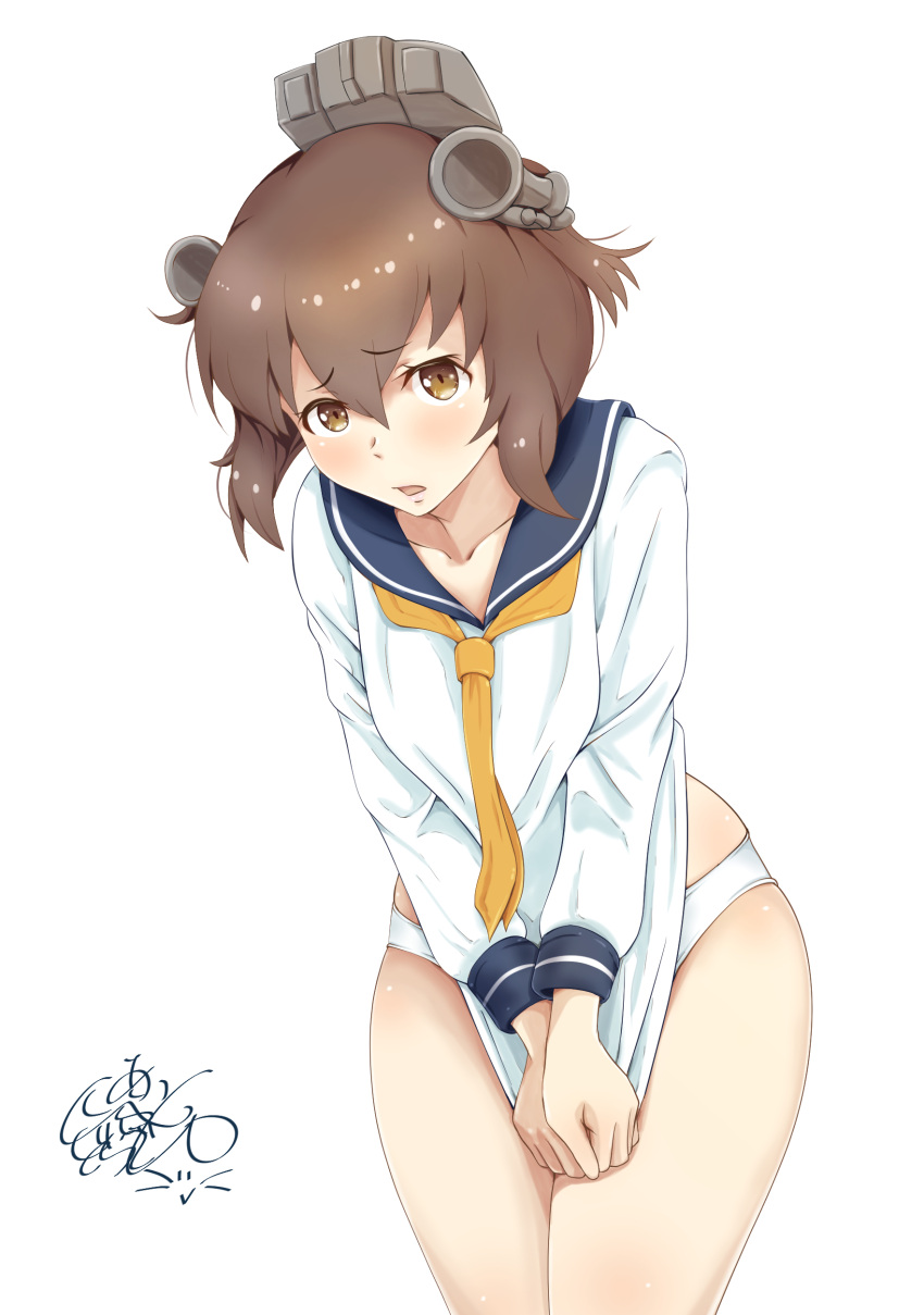 1girl absurdres artist_logo blue_sailor_collar brown_eyes brown_hair commentary_request covering covering_crotch cowboy_shot dragonoil dress headgear headset highres kantai_collection leaning_forward neckerchief panties sailor_collar sailor_dress short_dress short_hair simple_background solo speaking_tube_headset underwear white_background white_panties yellow_neckwear yukikaze_(kantai_collection)