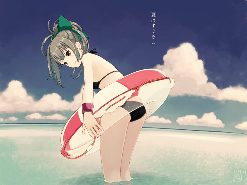 1girl armband bangs bikini black_swimsuit bow closed_mouth clouds dated day eyebrows_visible_through_hair grey_hair hair_between_eyes hair_bow highres innertube kantai_collection kokudou_juunigou long_hair looking_at_viewer outdoors ponytail signature sky smile solo standing striped swimsuit translation_request water yuubari_(kantai_collection)
